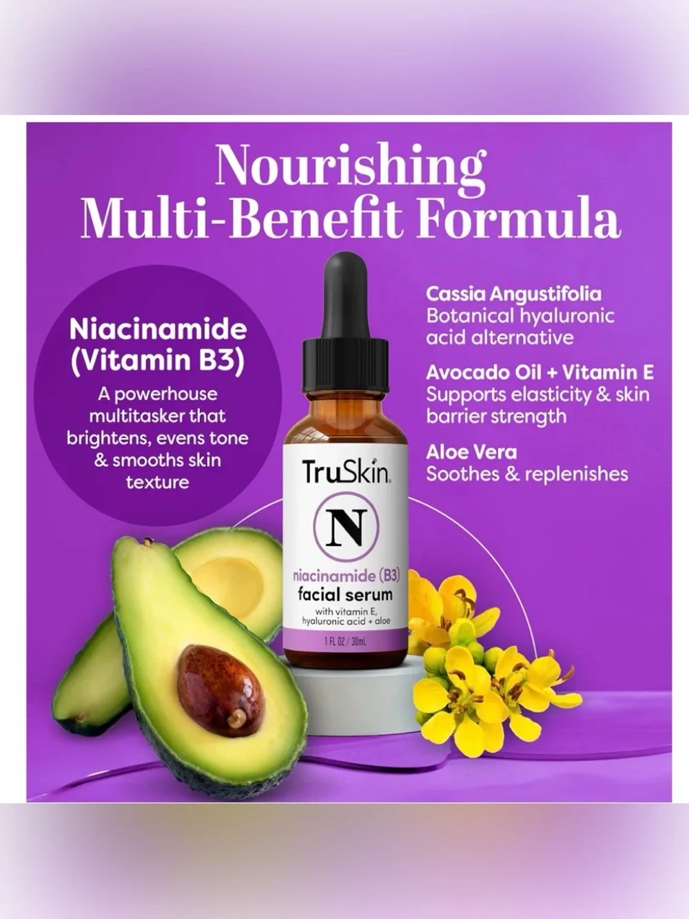 TruSkin Niacinamide B3 FACIAL SERUM, Vitamin E & Hyaluronic Acid, 1 fl oz - NIB